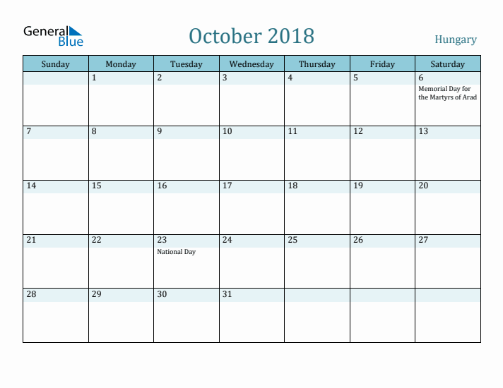 October 2018 Calendar with Holidays