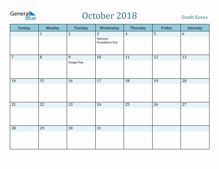 October 2018 Calendar with Holidays