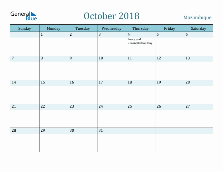 October 2018 Calendar with Holidays