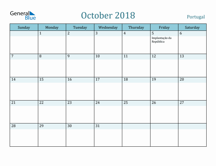 October 2018 Calendar with Holidays