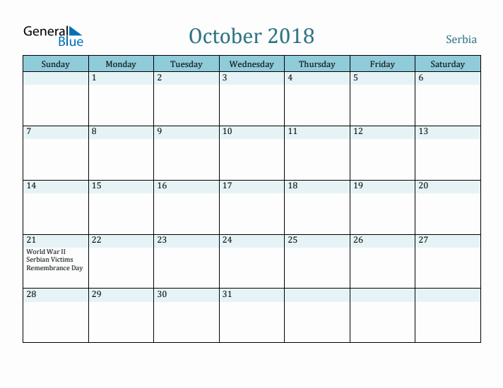 October 2018 Calendar with Holidays