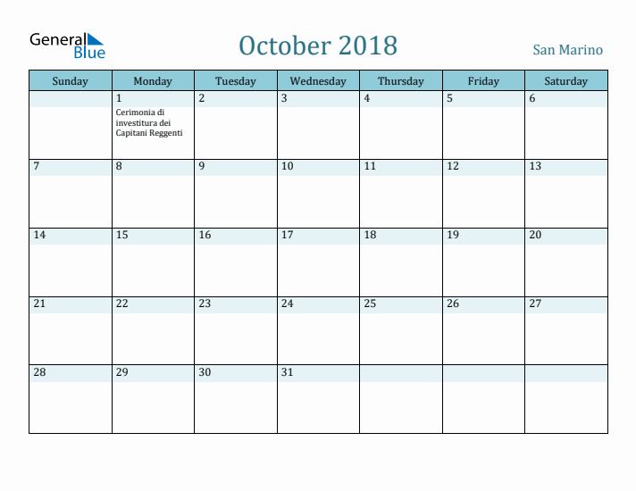 October 2018 Calendar with Holidays