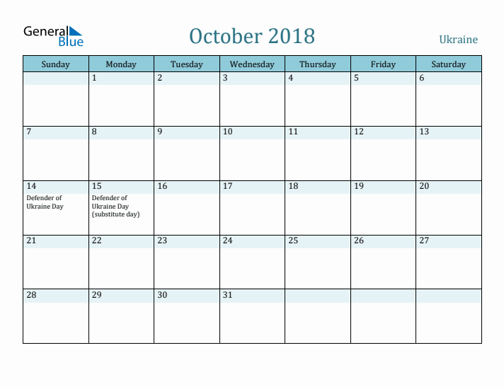 October 2018 Calendar with Holidays