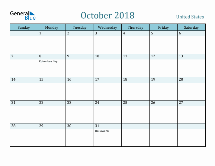 October 2018 Calendar with Holidays