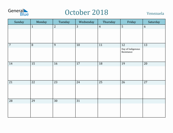 October 2018 Calendar with Holidays