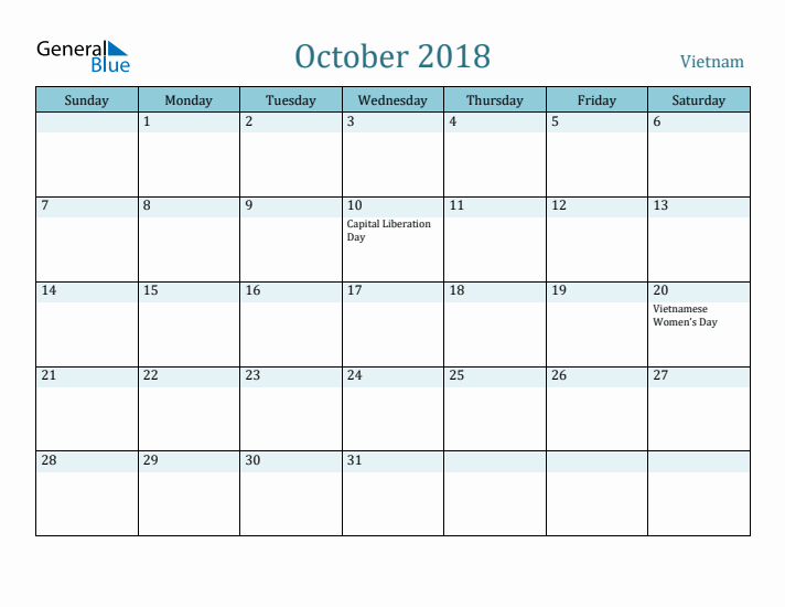 October 2018 Calendar with Holidays