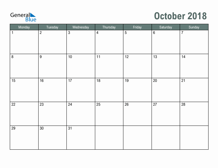 Free Printable October 2018 Calendar