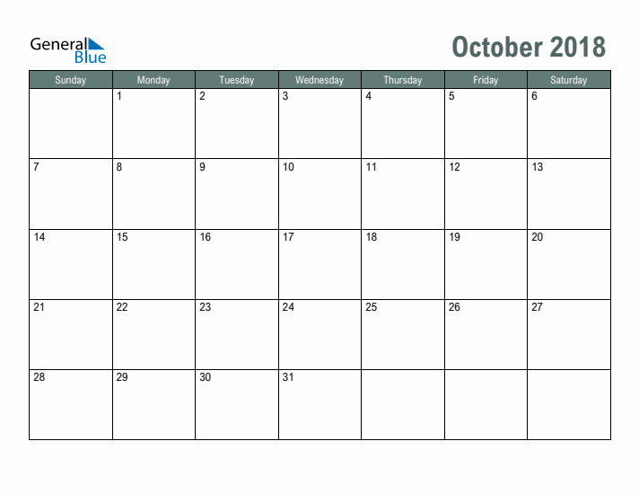 Free Printable October 2018 Calendar