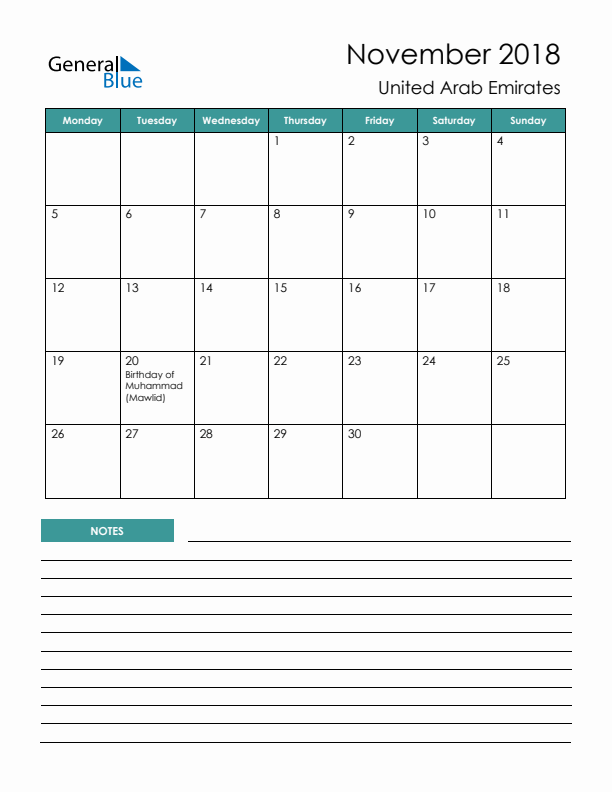 Calendar with Notes Printable - Monday Start