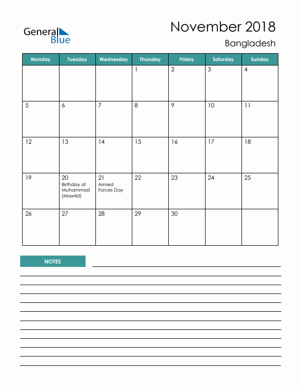 Calendar with Notes Printable - Monday Start