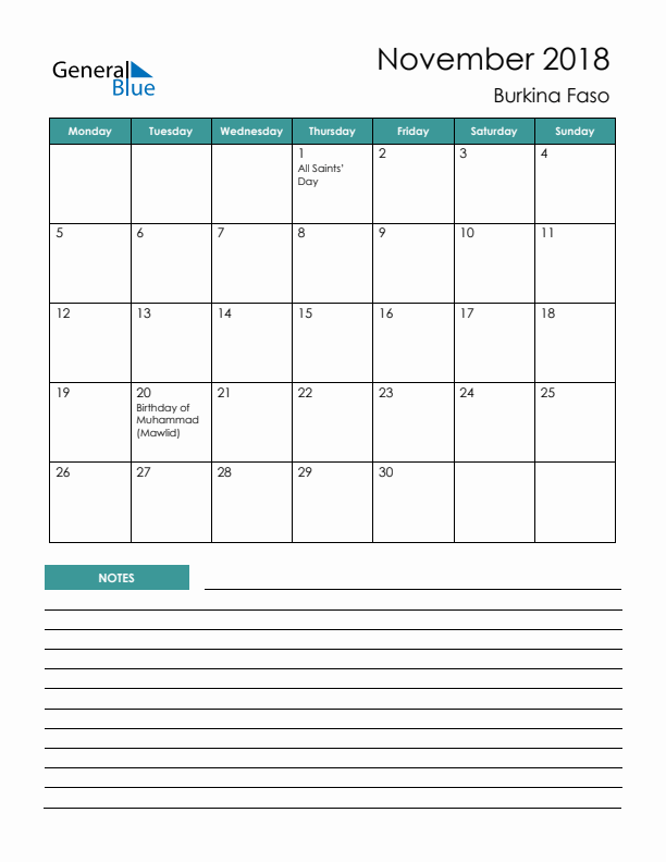 Calendar with Notes Printable - Monday Start