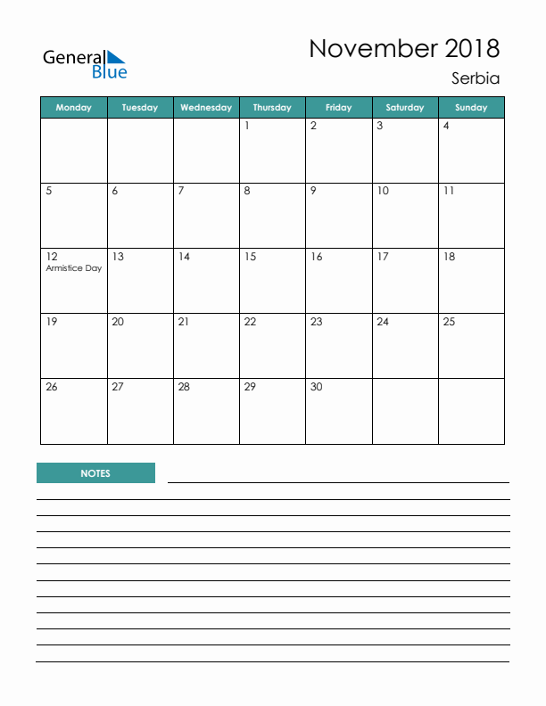 Calendar with Notes Printable - Monday Start