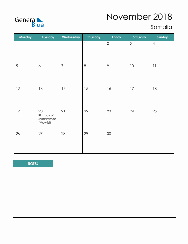 Calendar with Notes Printable - Monday Start