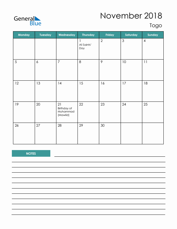 Calendar with Notes Printable - Monday Start