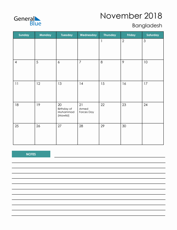 Calendar with Notes Printable - Sunday Start