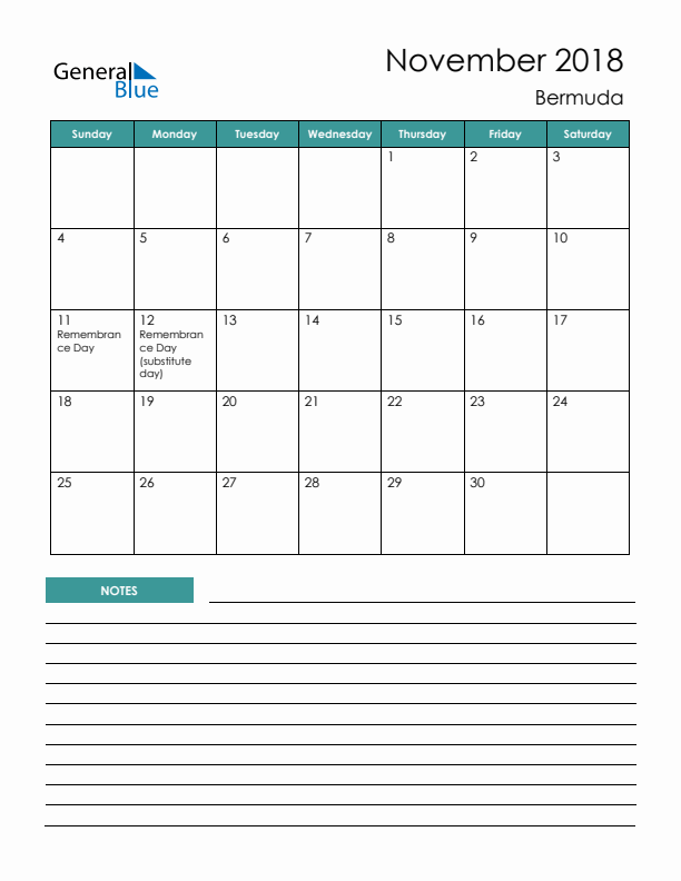 Calendar with Notes Printable - Sunday Start