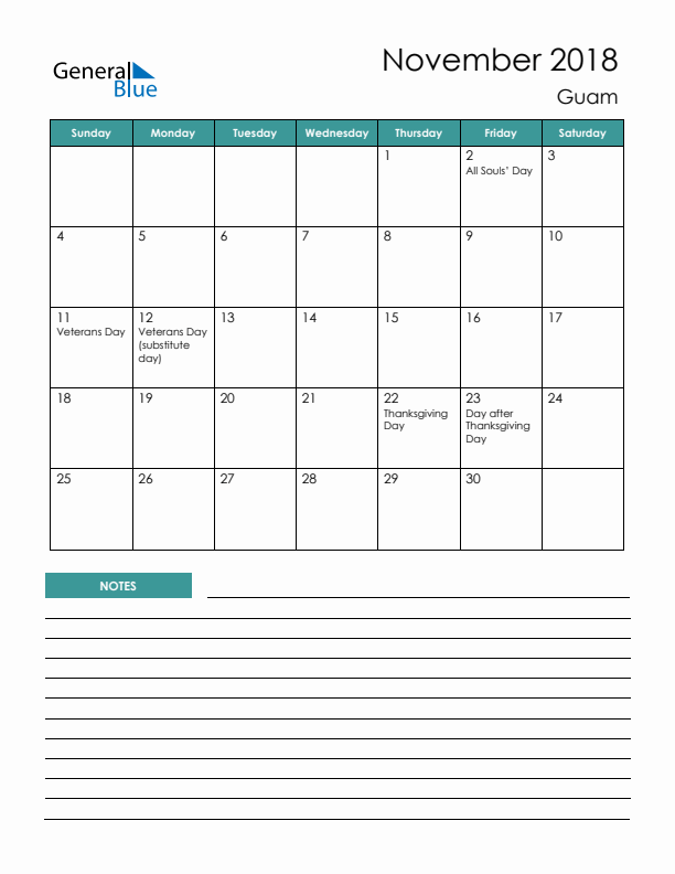 Calendar with Notes Printable - Sunday Start