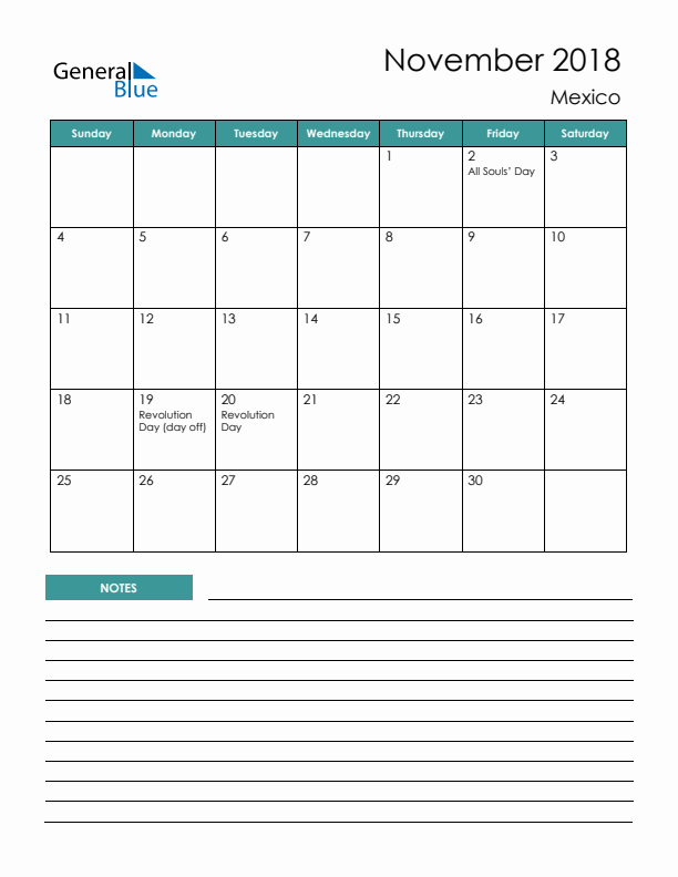 Calendar with Notes Printable - Sunday Start