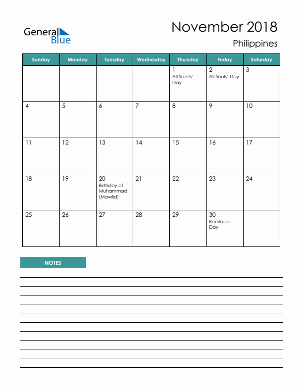 Calendar with Notes Printable - Sunday Start