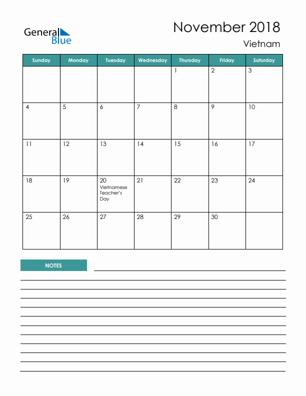 Calendar with Notes Printable - Sunday Start