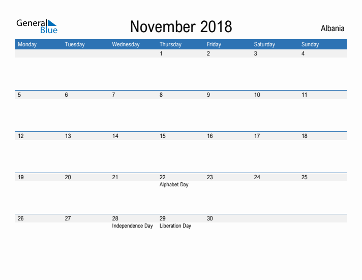 Fillable November 2018 Calendar