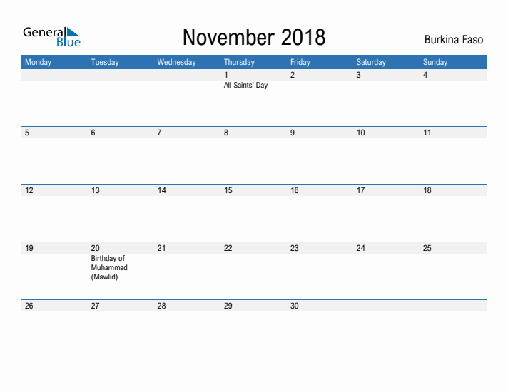 Fillable November 2018 Calendar