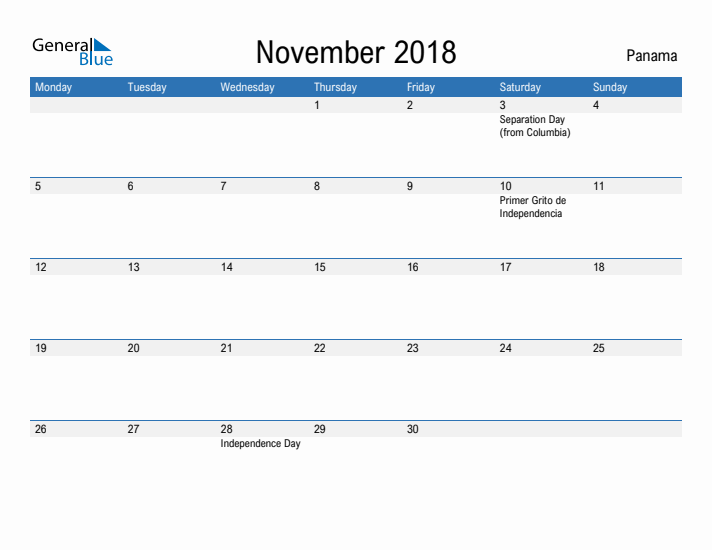 Fillable November 2018 Calendar