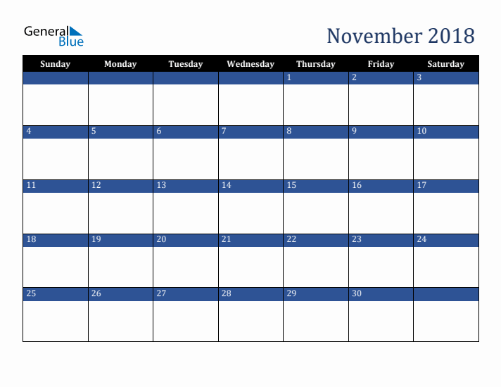 Sunday Start Calendar for November 2018