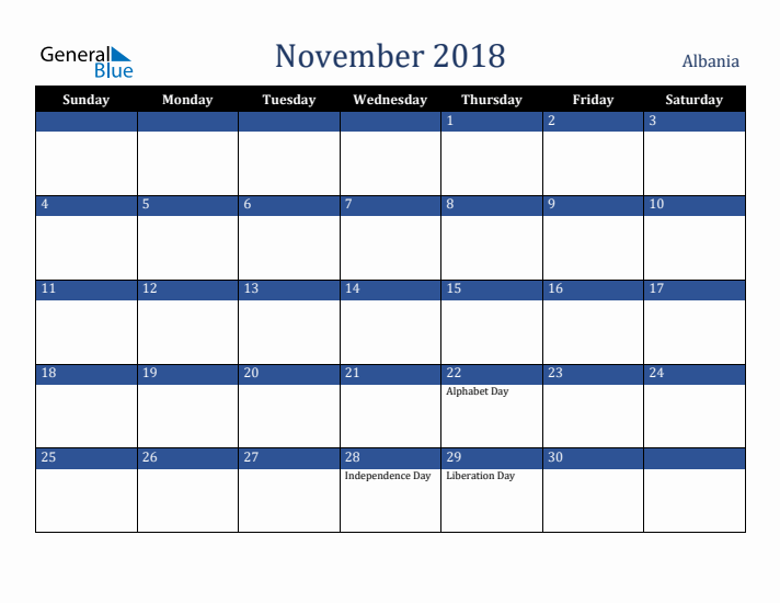 November 2018 Albania Calendar (Sunday Start)