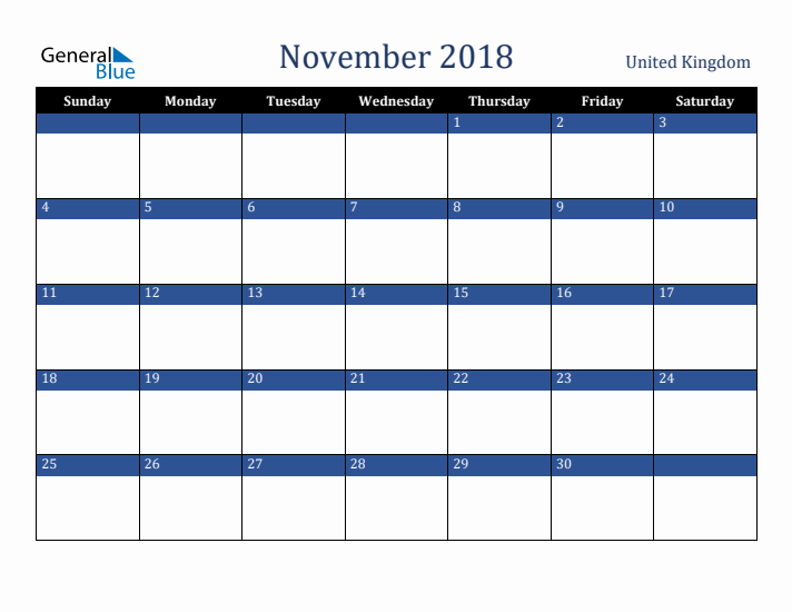 November 2018 United Kingdom Calendar (Sunday Start)