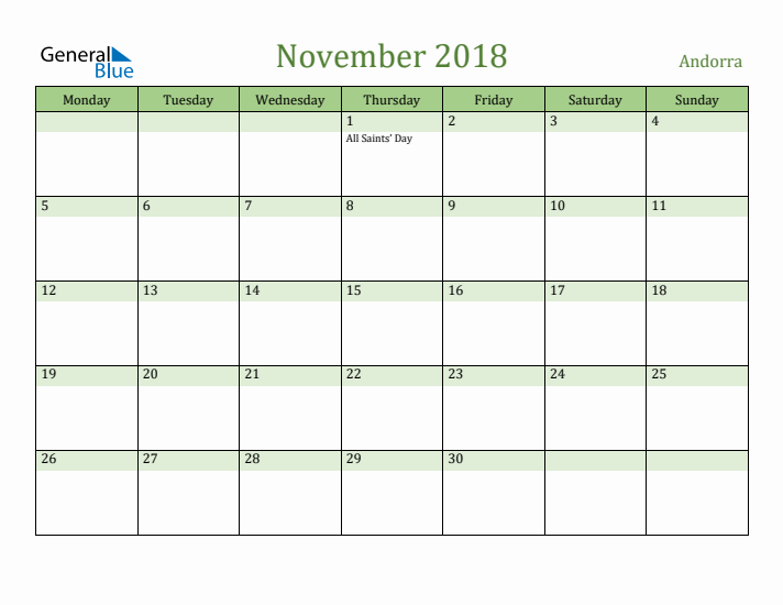 November 2018 Calendar with Andorra Holidays