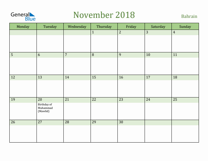 November 2018 Calendar with Bahrain Holidays