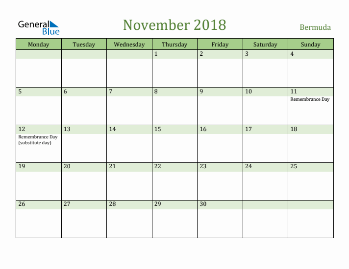 November 2018 Calendar with Bermuda Holidays