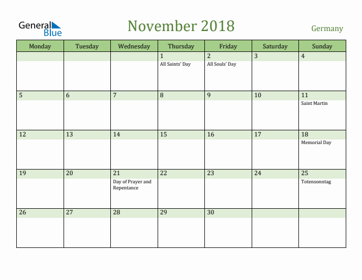 November 2018 Calendar with Germany Holidays