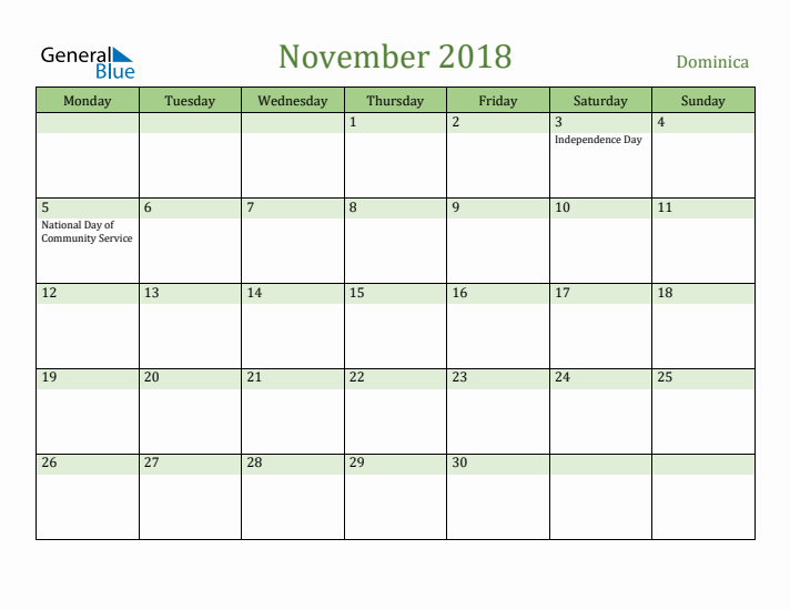 November 2018 Calendar with Dominica Holidays