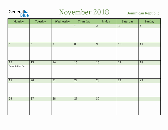 November 2018 Calendar with Dominican Republic Holidays