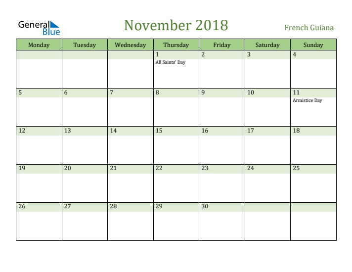 November 2018 Calendar with French Guiana Holidays