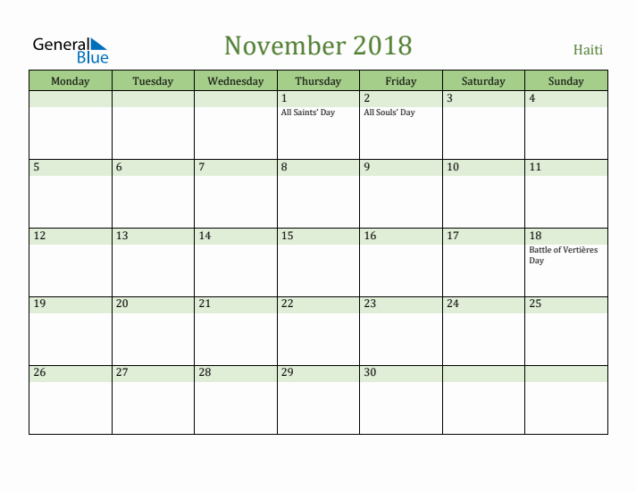 November 2018 Calendar with Haiti Holidays