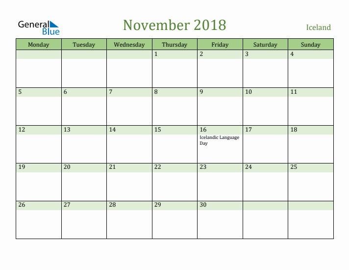 November 2018 Calendar with Iceland Holidays