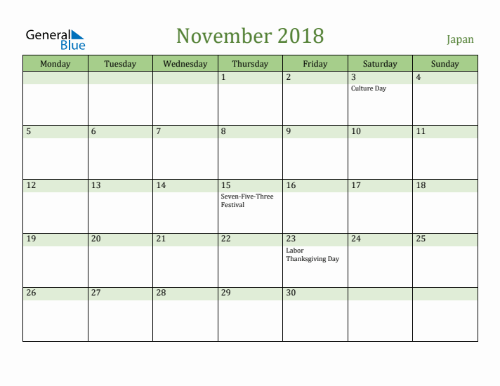 November 2018 Calendar with Japan Holidays