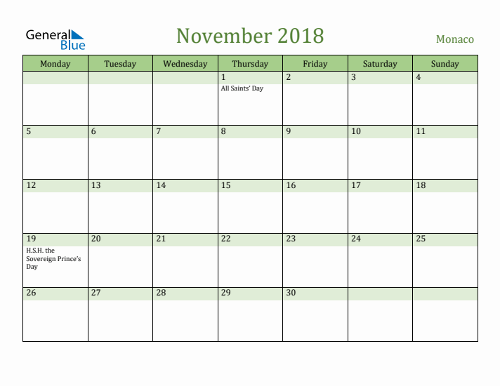 November 2018 Calendar with Monaco Holidays