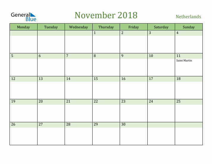 November 2018 Calendar with The Netherlands Holidays