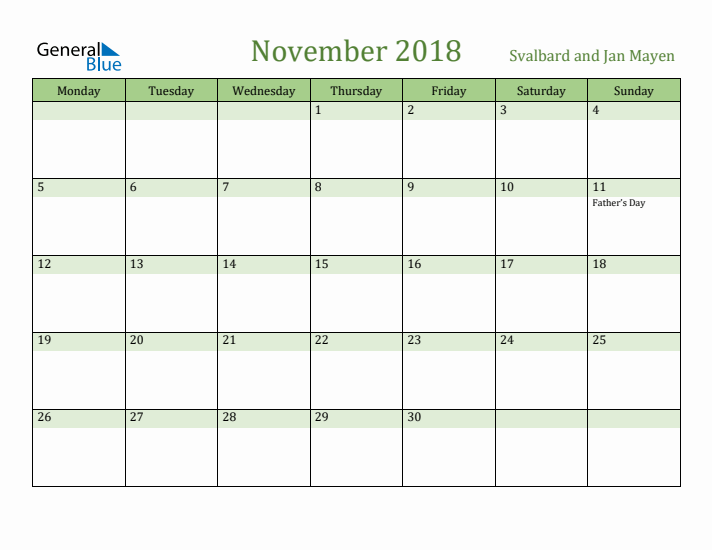 November 2018 Calendar with Svalbard and Jan Mayen Holidays