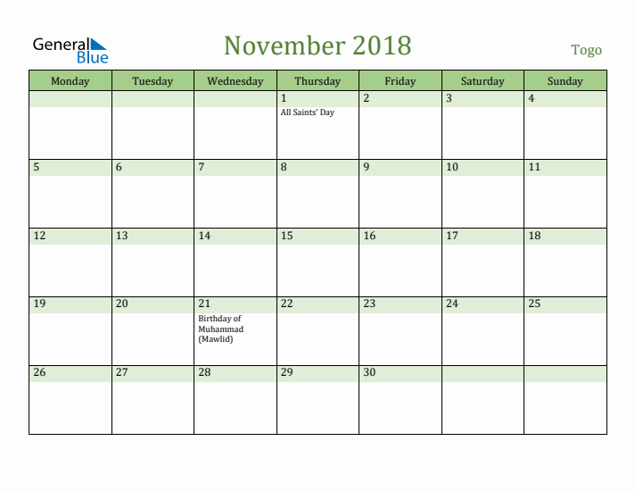 November 2018 Calendar with Togo Holidays