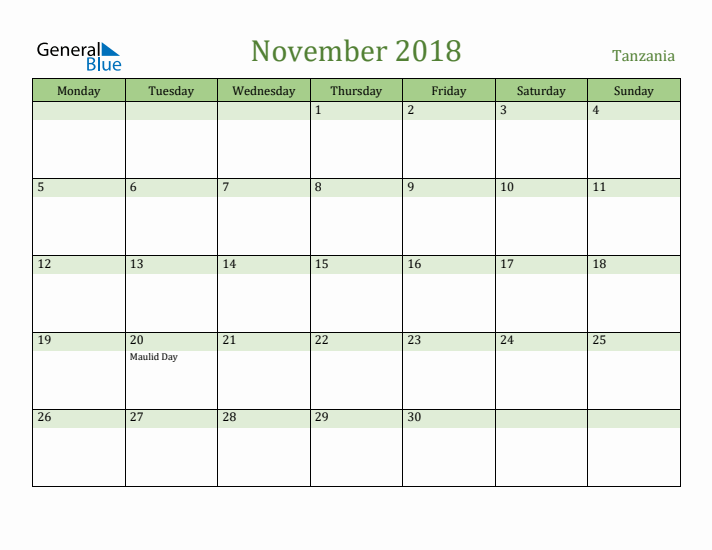 November 2018 Calendar with Tanzania Holidays