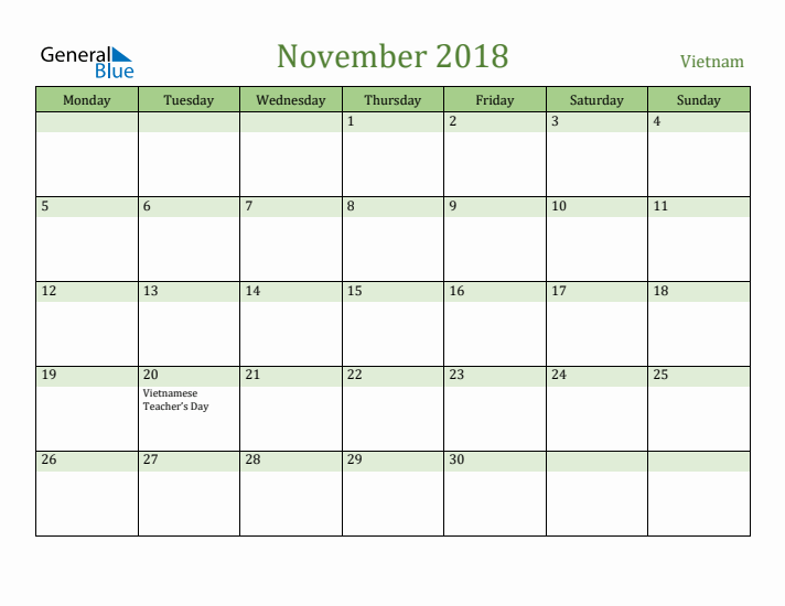 November 2018 Calendar with Vietnam Holidays