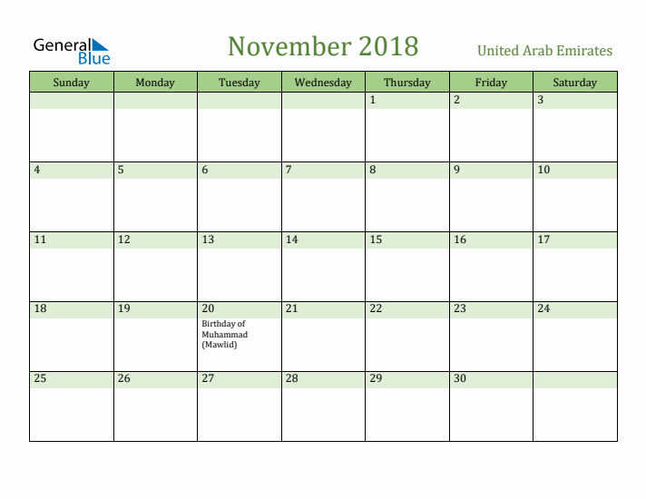 November 2018 Calendar with United Arab Emirates Holidays