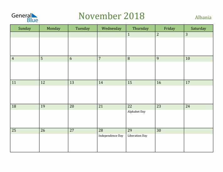 November 2018 Calendar with Albania Holidays