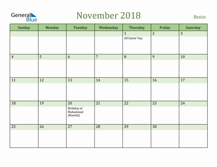 November 2018 Calendar with Benin Holidays