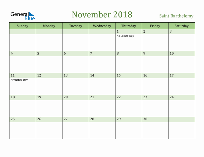 November 2018 Calendar with Saint Barthelemy Holidays